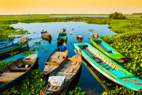 Cambodge - bateaux colorés sur le lac à Phnom Krom
